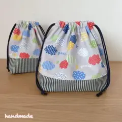 ハンドメイド　お弁当袋＆コップ袋　いろんな雲×ヒッコリー風ストライプ