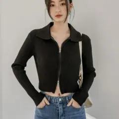 SHEIN リブニット ジップトップス ブラック クロップド丈 韓国
