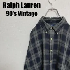 90sラルフローレングッドカラーBLAIREボタンダウンチェックシャツ長袖グレー