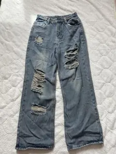 ダメージ加工ブルーデニムワイドレッグパンツ