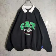 【人気XL】Tom&Jerry 刺繍 CAT 裏起毛 スウェット 黒 ポロ襟