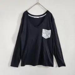 パークガール Tシャツ L 長袖 ポケット Vネック ペイズリー柄 黒 ロンT