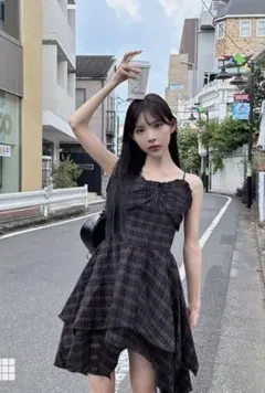 【GRL】チェック柄イレヘムフレアキャミワンピース
