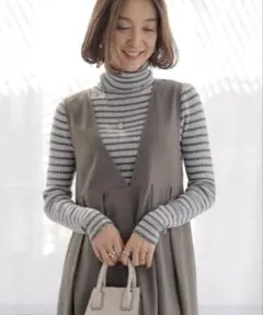HUG.U ハグユー タートルネックリブニットインナー 長袖 MボーダーグレーB