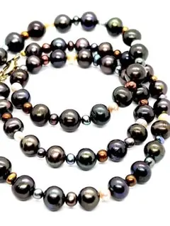 【希少】本真珠黒ブラックパール＆マルチカラーベビーパールロングネックレス51cm