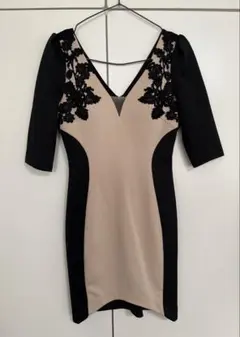 Vネックレース装飾　タイトドレス　ベージュ