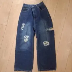 ダメージ加工 ダークブルー ワイドパンツ Sサイズ
