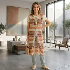 【美品】ナノユニバース メッシュ ロングジレ ベスト 前開き ノースリーブ