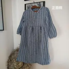 ストライプ ボタン付きワンピース着痩せおしゃれ着回し森ガール