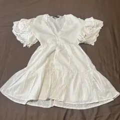 アイボリー　フリル袖ミニワンピース XS ZARA コットン100%