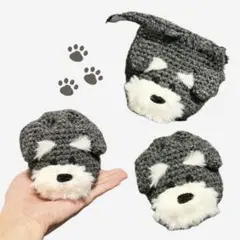 ハンドメイド　巾着袋　濃いグレーのシュナウザー　かぎ編み
