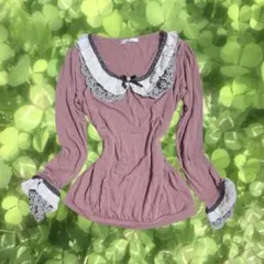 axes femme 姫系 長袖ブラウス レース フリル パール調 ピンク
