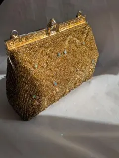 【美品】パーティーバッグ ゴールド ビーズ刺繍 結婚式・お呼ばれ用/昭和レトロ