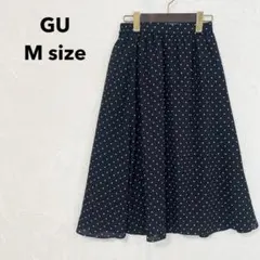 美品 GU ジーユー ドット柄 水玉 フレアスカート M ミモレ丈 黒 ブラックのサムネイル