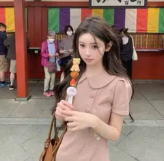 ミニワンピース　秋　ワンホン　中国　韓国　チェック　ベージュ