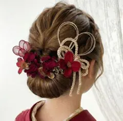 成人式　髪飾り　ヘアパーツ　着物　振袖　リボン水引組紐金赤　ヘッドドレス　卒業式