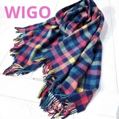 【WIGO】マルチカラーチェック大判ウールライクフリンジマフラーSPINNS