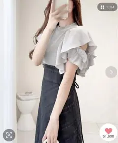 mily bilet ダブルフリル袖チェックレースドッキングワンピース　グレー