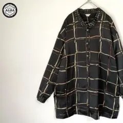 スタンドカラーシャツ　ドット柄　格子柄　レトロ　ヴィンテージ　黒　ブラック　長袖