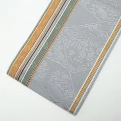 本場筑前博多織半幅帯 グレー 花柄 鳥柄 ストライプ