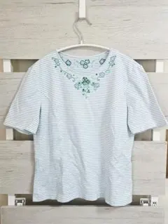 【Leilian】半袖 Tシャツ ボーダー 花柄 刺繍 スパンコールのサムネイル