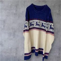 美品✨️セーター ニット 厚手 ブルー 青 クリーム色 鹿柄 冬 メンズ トップス