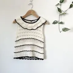 【美品】【ZARA】ザラ　ノースリーブニット　トップス　フリル　アイボリー