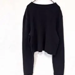 ブラック長袖Tシャツ カットソー　ワッフル　ショート丈　海外古着【M】