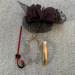 ヘアアクセサリー　シニヨン網付バレッタ、かんざし、コーム　4点セット＋おまけ付き