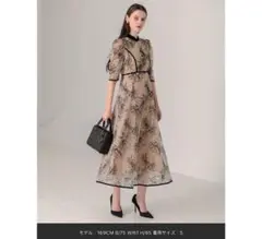 LEJA配色パイピングプチハイネック花柄刺繍ラメレースロング丈ドレスワンピース