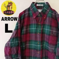 USA古着 ARROW　ネルシャツL　グリーンえんじ　チェック　デッドストック