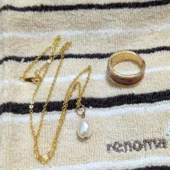 ゴールドチェーン真珠ペンダント　バロックパール　ネックレス　13号　リングセット