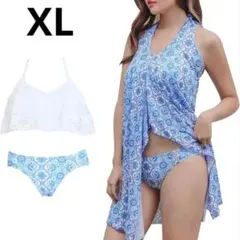 水着 レディース XL 体型カバー ビキニ ワンピース 3点セット　ブルー
