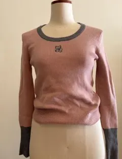 長袖 リブニット トップス ピンク グレー
