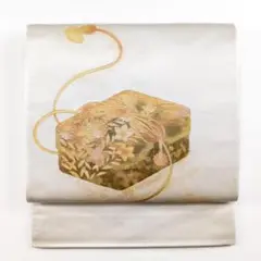 R7SK1189 袋帯 文箱 花 植物 金彩 上品 吉祥文様 お太鼓柄 ゴールド