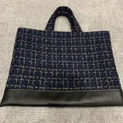 ハンドメイド　ツイード　サブバッグ　ネイビー