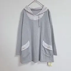 ミモザリップ タグ付き グレー ストライプ 長袖トップス M-L ポケット