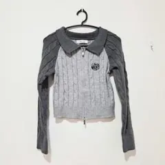 Alucedudu グレー ケーブル編 ポロニット　ダブルジップ　 L　セーター