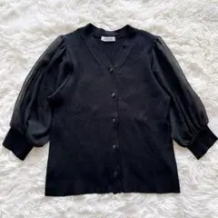 A.V.V 半袖カーディガン　ブラック　袖シフォン　リブ編み　上品　オフィス