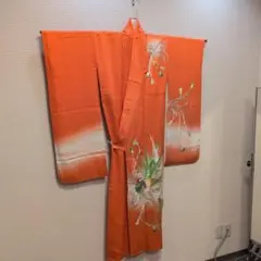 く*ぅ様 #QW5.正絹振袖オレンジ色豪華 見事な総刺繍　尾長鳥暈し染め　金銀糸