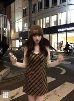 チェック柄リボンキャミミニワンピース ブラウン