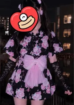 【y2k♡姫ギャル浴衣ドレス ハートりぼん♡レースフリル ブラック×ピンク】 y2k♡姫ギャル浴衣ドレス りぼん♡ハート花びら レースフリル