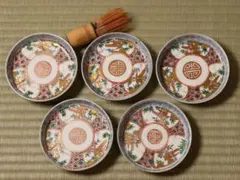 【CM20】古伊万里 竹鳥図 色絵 小皿 五客 11.9cm 小紋 錦手 金彩