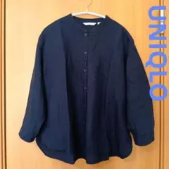 ユニクロ リネンブレンド バンドカラーシャツ 7分袖 ノーカラーシャツ 紺 L