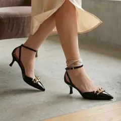 未使用級 FABIO RUSCONI【36½】 チェーン ポインテッド パンプス