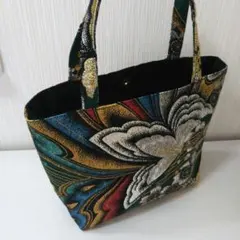 正絹袋帯 (蝶 桜柄 緑 金、銀糸)リメイクトートバック