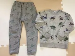 恐竜プリント 裏起毛トレーナーとパンツセット　グレー
