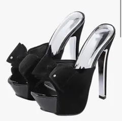 黒 スエード リボン付き ハイヒール