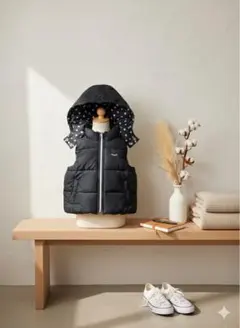 【美品】キッズ 中綿ベスト ブラック ドット柄 フード付き 90㎝