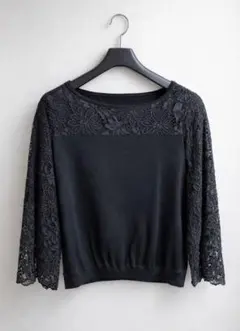 エムプルミエブラック 袖レースニット プルオーバー 黒 エムプルミエ